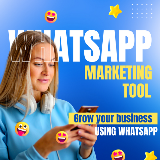 An advertisement for a WhatsApp Marketing Tool featuring an image of a woman looking at a smartphone with text overlaying that reads 'WHATSAPP MARKETING TOOL' and 'Grow your business USING WHATSAPP'.